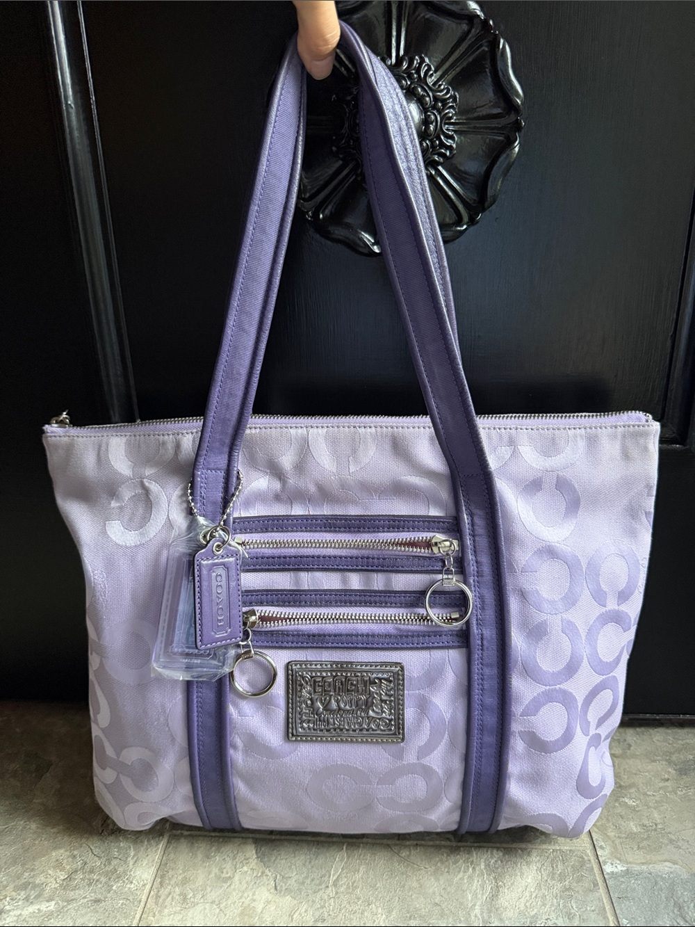 Coach Lavender Signature Tote with Exterior Zipper Pockets